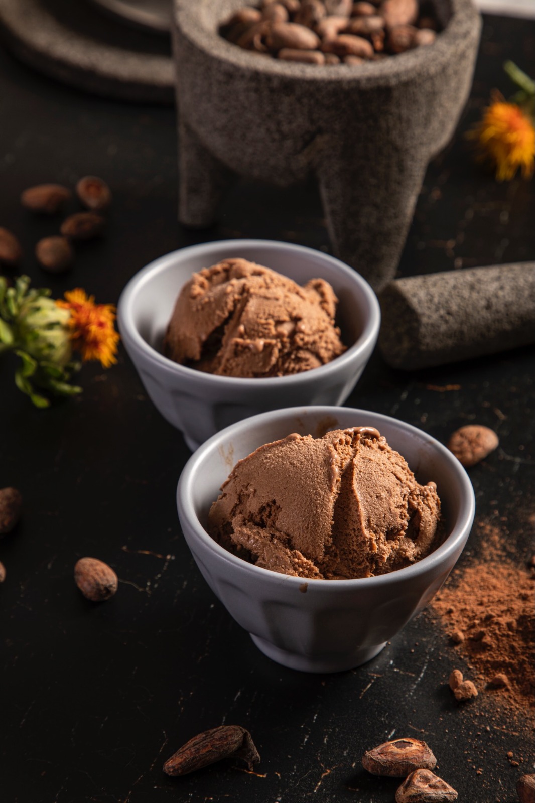 Casa Morgana chocolate gelato scoops with cacao beans and marigold flowers